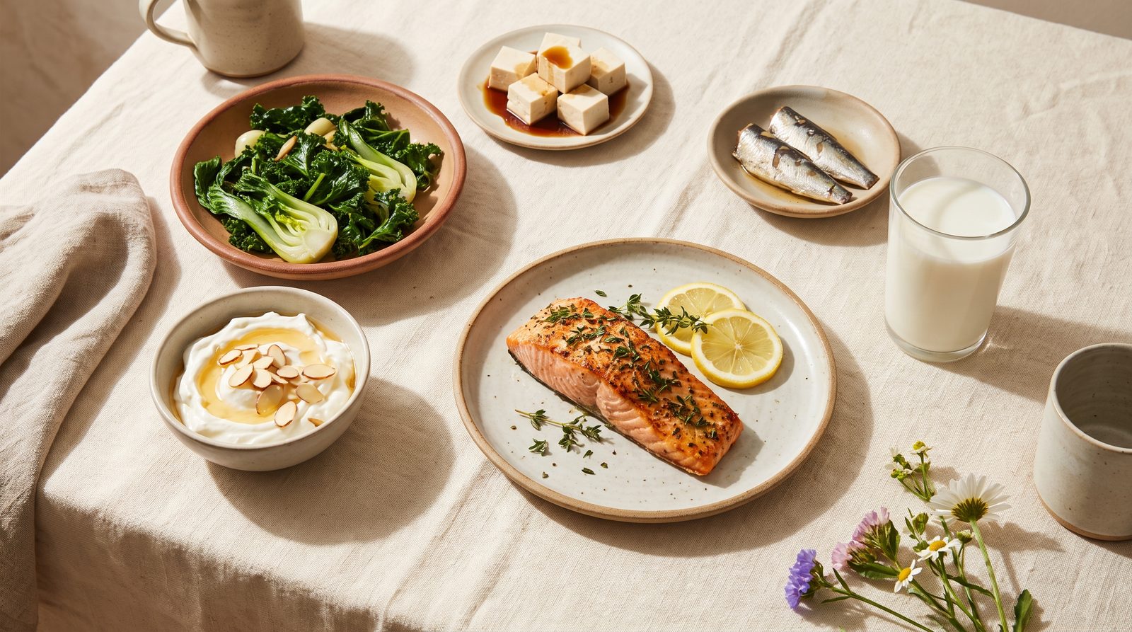 A calm, bone-supportive meal on a cream table in soft daylight: grilled salmon, a bowl of Greek yogurt with almonds, sauteed leafy greens, tofu, and a glass of milk.