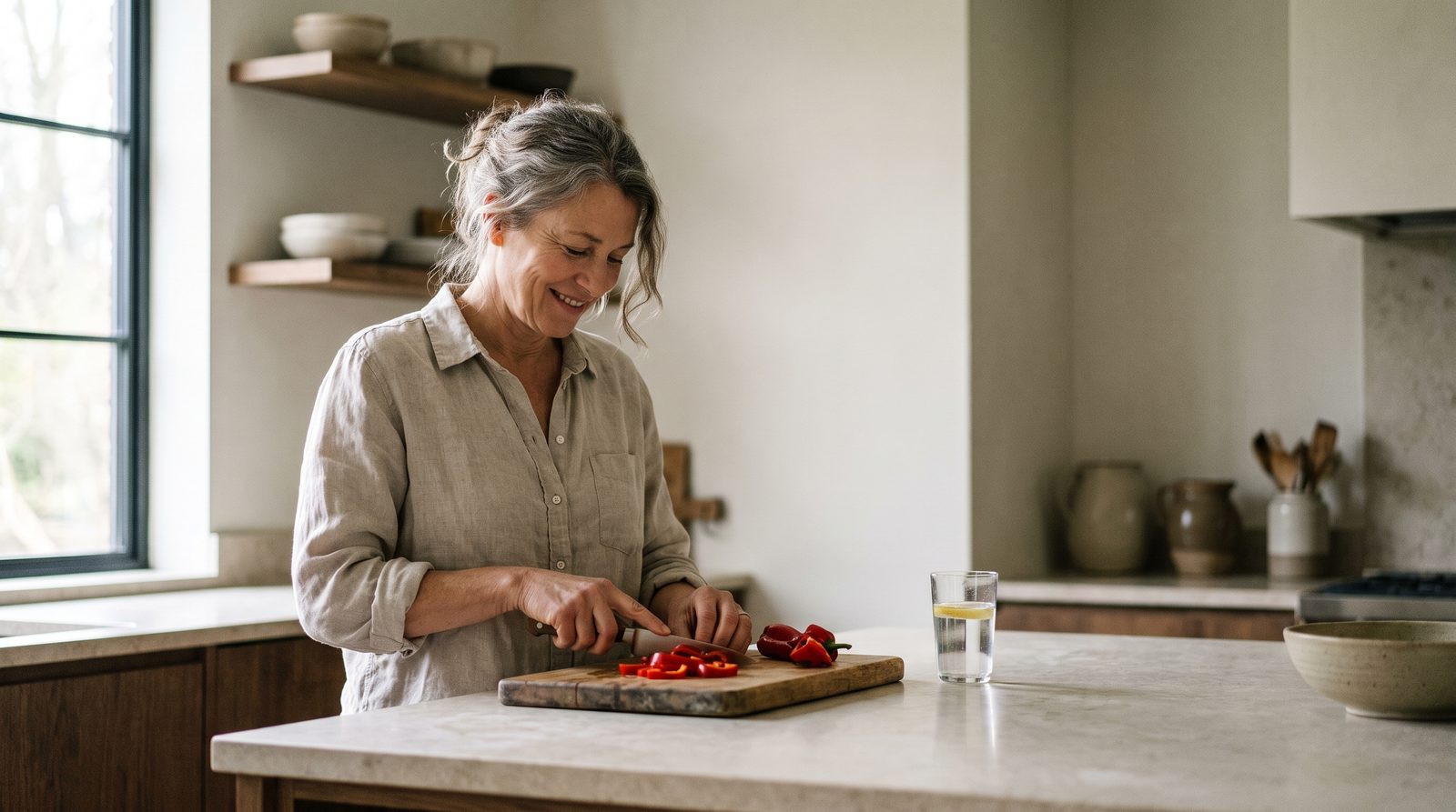 A woman in her early fifties chopping vegetables at a sunlit kitchen counter, calm and unhurried