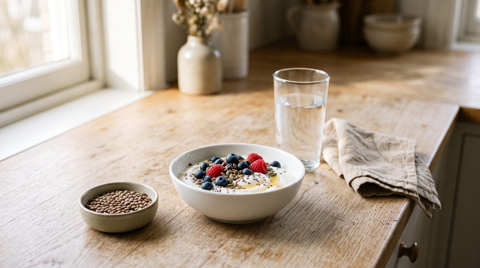 A bowl of Greek yogurt with berries and seeds beside a glass of water on a pale counter in soft morning light