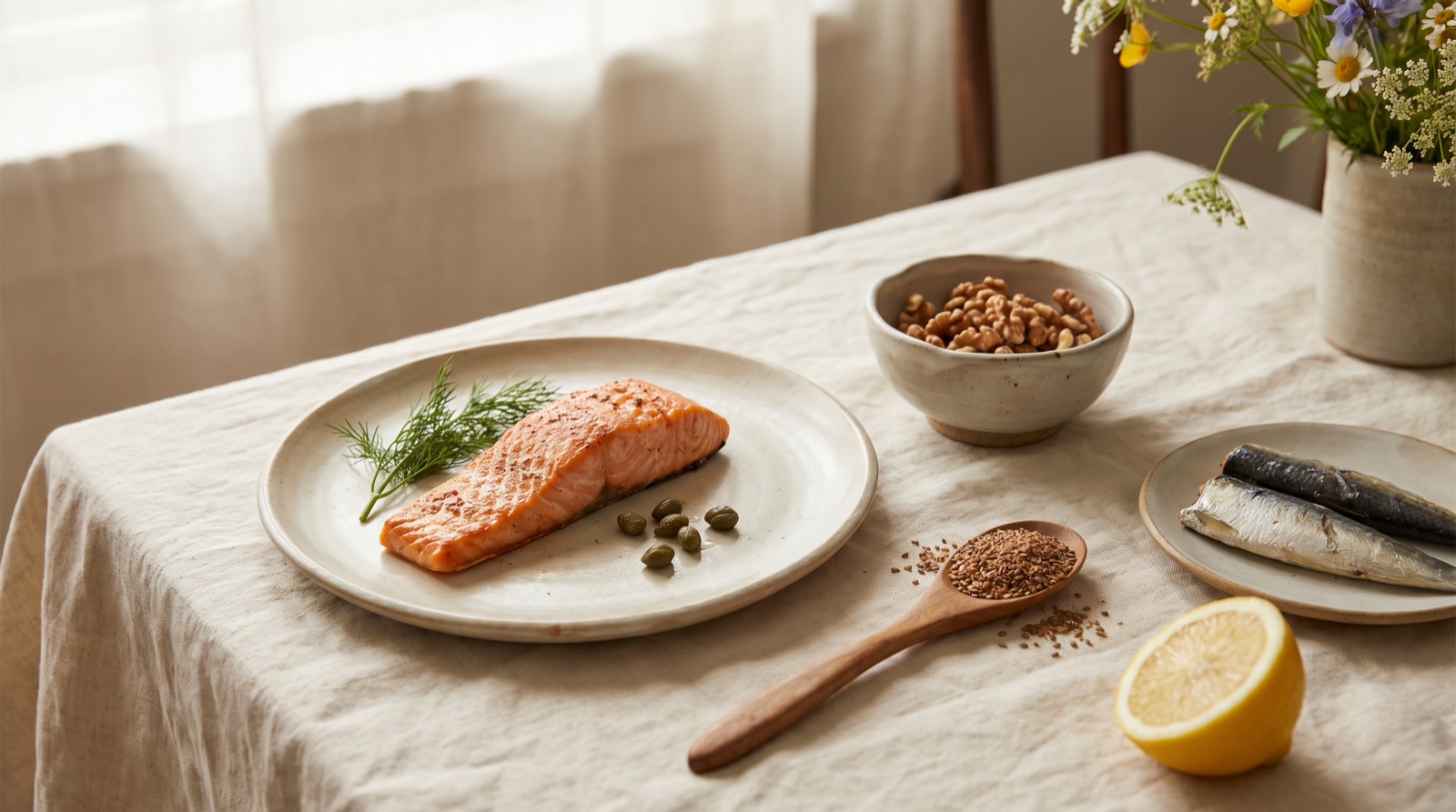 A cream linen table set with a plated fillet of roasted salmon, a small bowl of walnuts, ground flaxseed in a spoon, and a halved lemon in soft daylight.