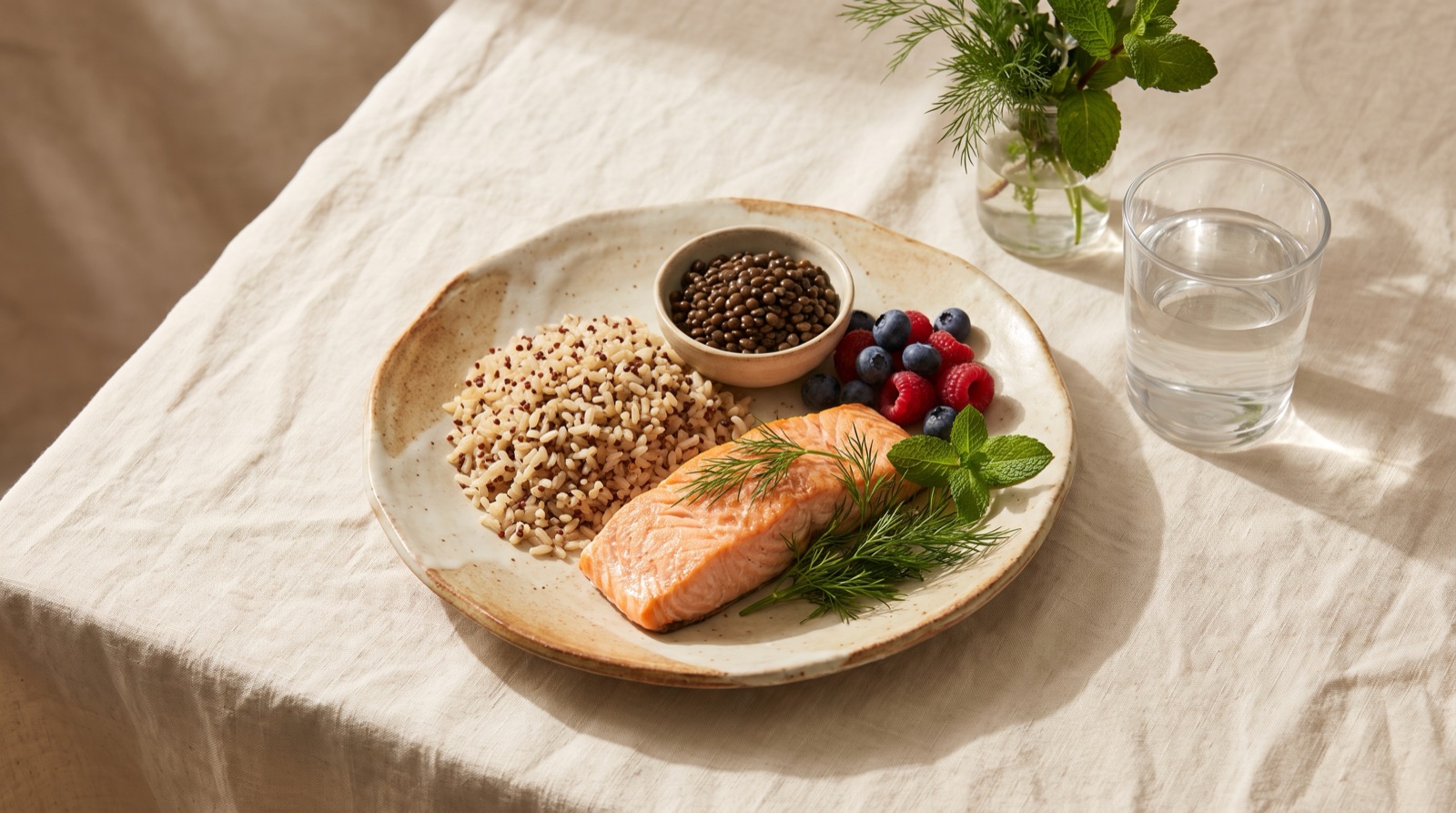 A calm, balanced plate on a soft linen surface in warm daylight, with leafy greens, salmon, whole grains, berries, and lentils.
