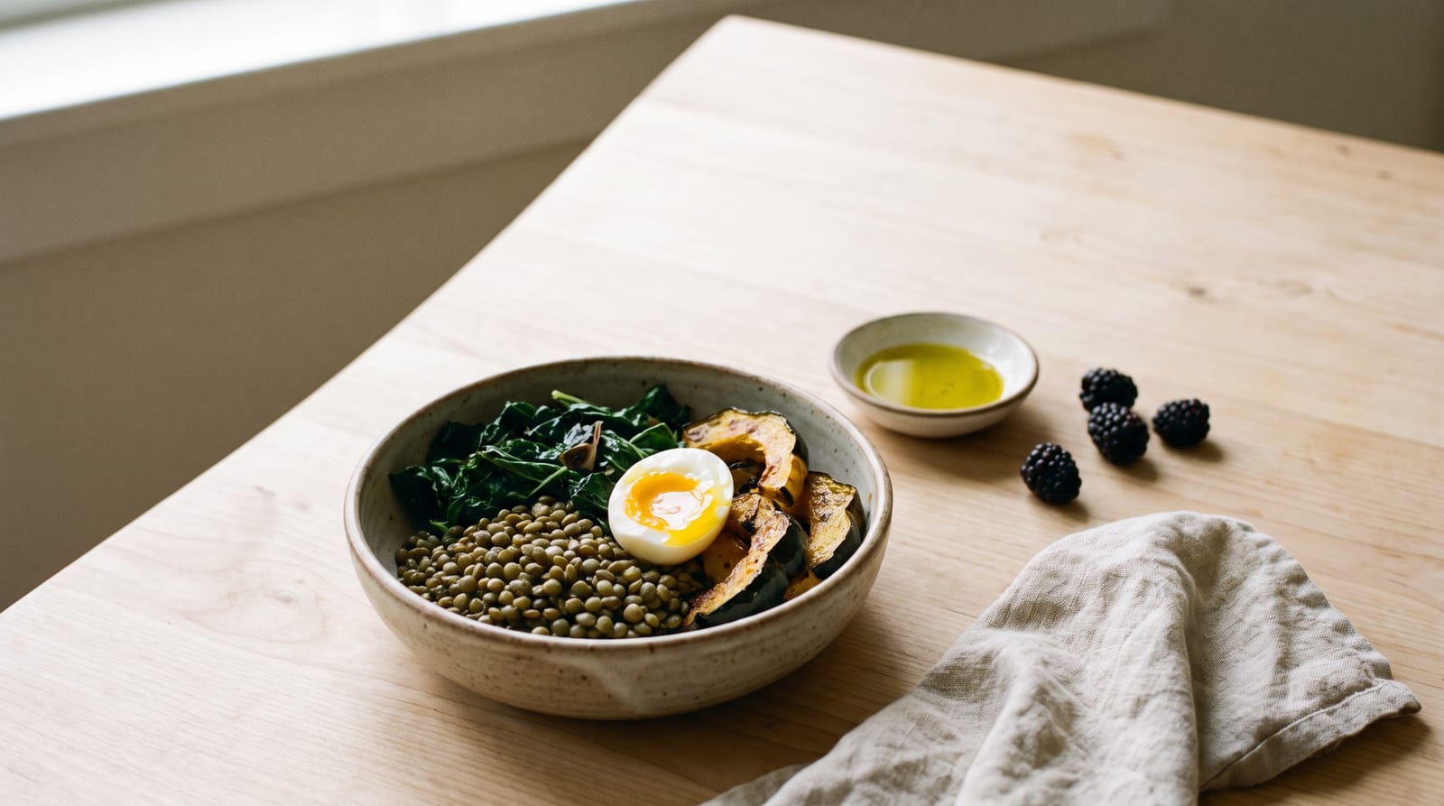 A simple bowl of lentils, leafy greens, roasted vegetables and a soft boiled egg on a wooden table in warm natural light