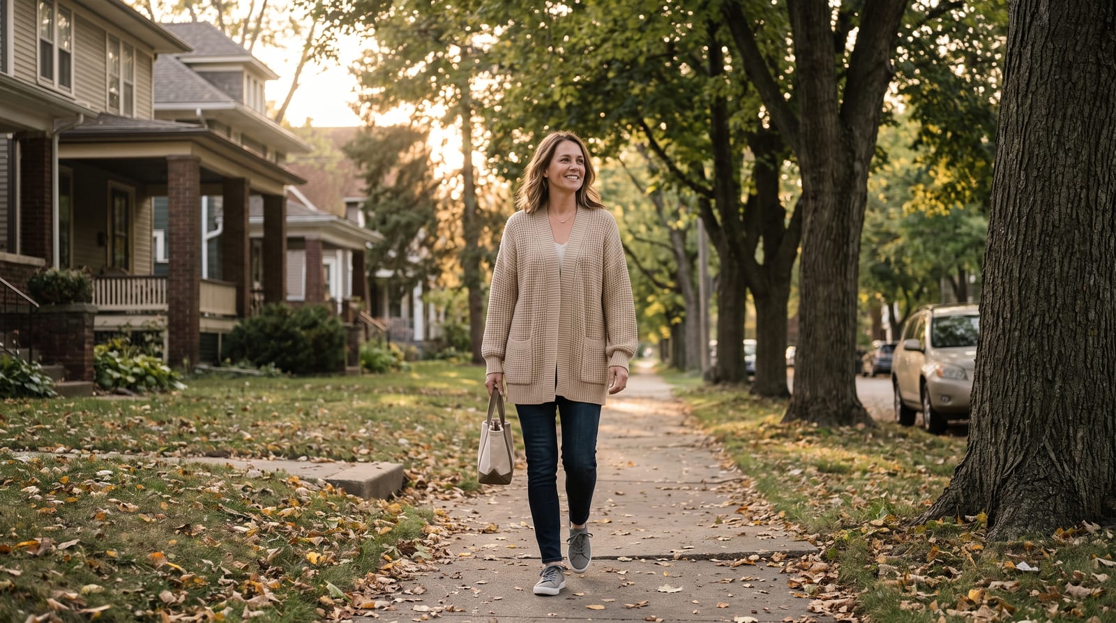 A woman in her mid forties taking an easy evening walk on a quiet tree-lined street at golden hour