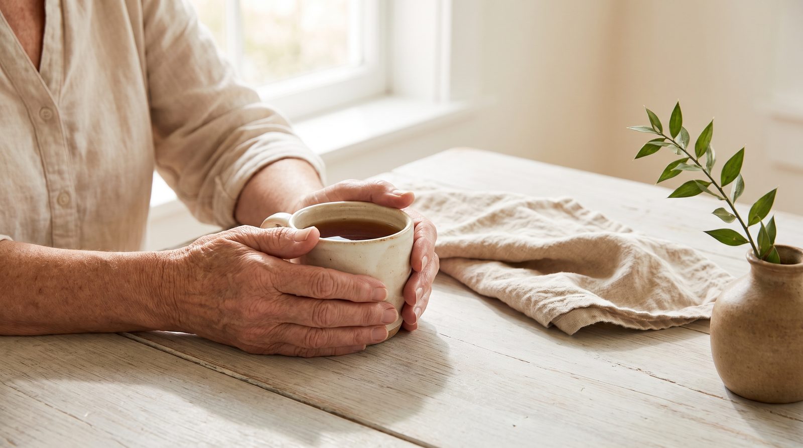 A woman's hands resting around a warm mug on a pale wooden table in soft morning light
