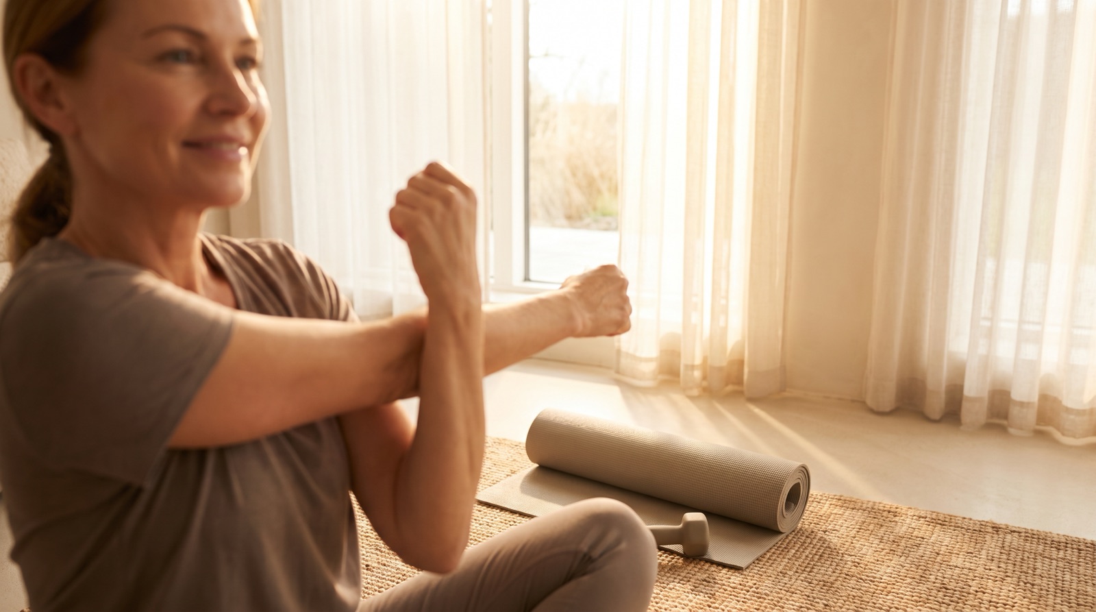 A woman in her late 40s in athletic wear stretching by a bright window in soft morning light, looking calm and strong
