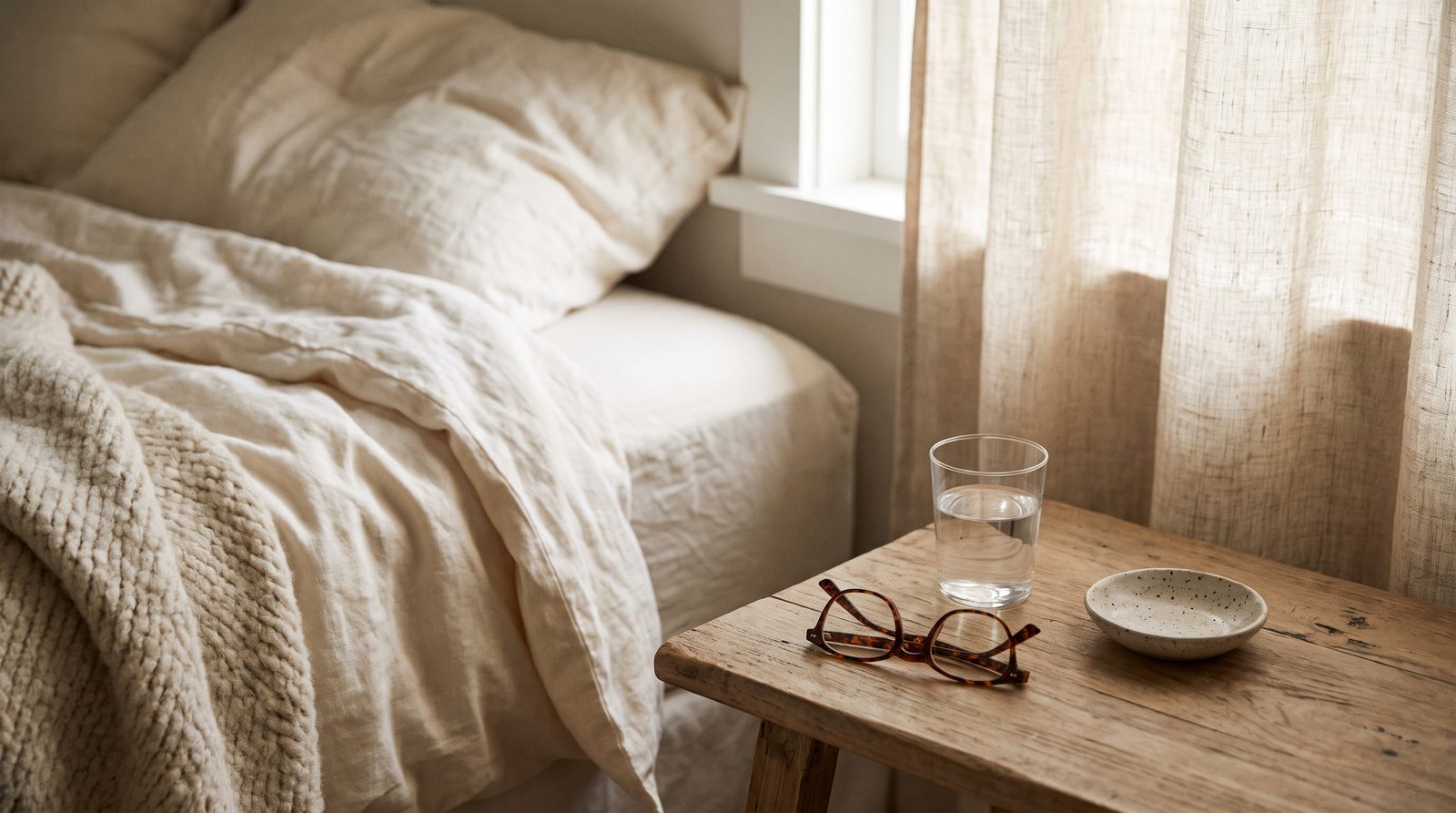 A woman's bedside table in soft early morning light: a glass of water, a folded pair of reading glasses, a linen throw over the edge of an unmade bed, and pale light through a half-open curtain.
