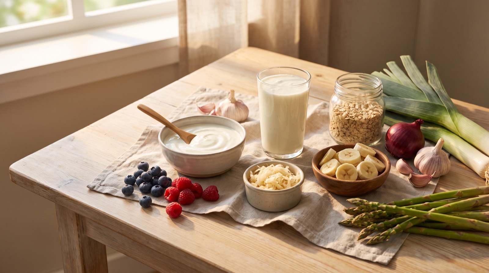 A sunlit rustic wooden table with a bowl of plain yogurt, a glass of kefir, a small dish of sauerkraut, fresh berries, and colorful raw vegetables.