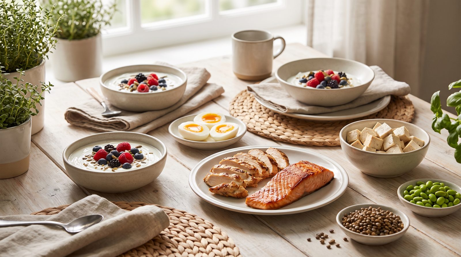 A protein-rich meal spread on a sunlit table: eggs, Greek yogurt with berries, grilled chicken, salmon, tofu, lentils, and edamame arranged in small bowls