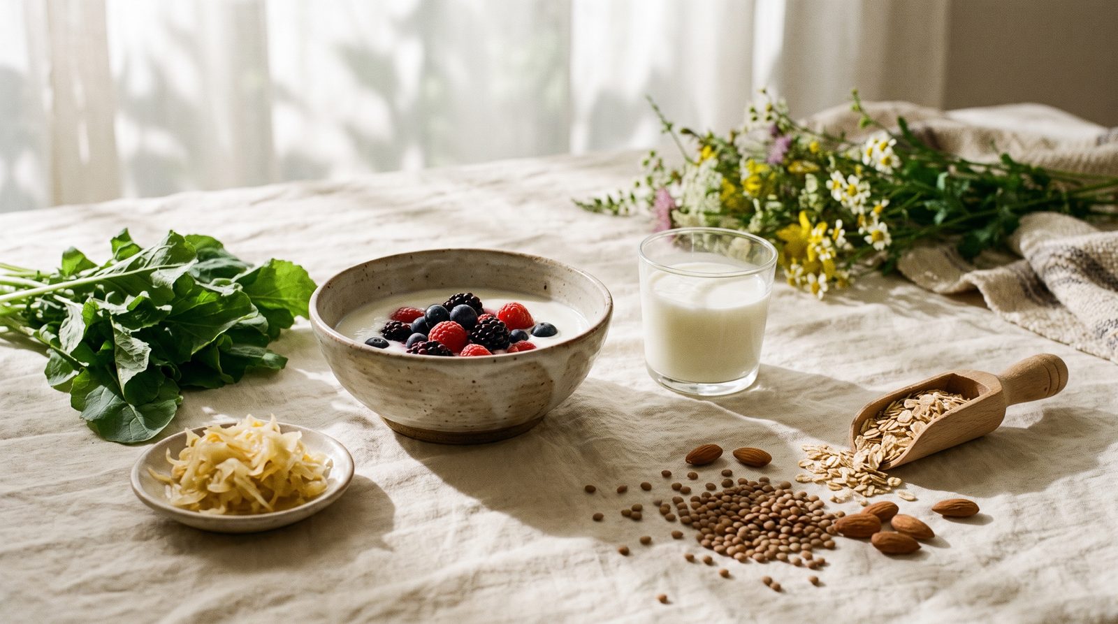 A soft, bright still life of gut-friendly foods on a cream linen surface: a bowl of yogurt, kefir, sauerkraut, leafy greens, oats, berries, and lentils.