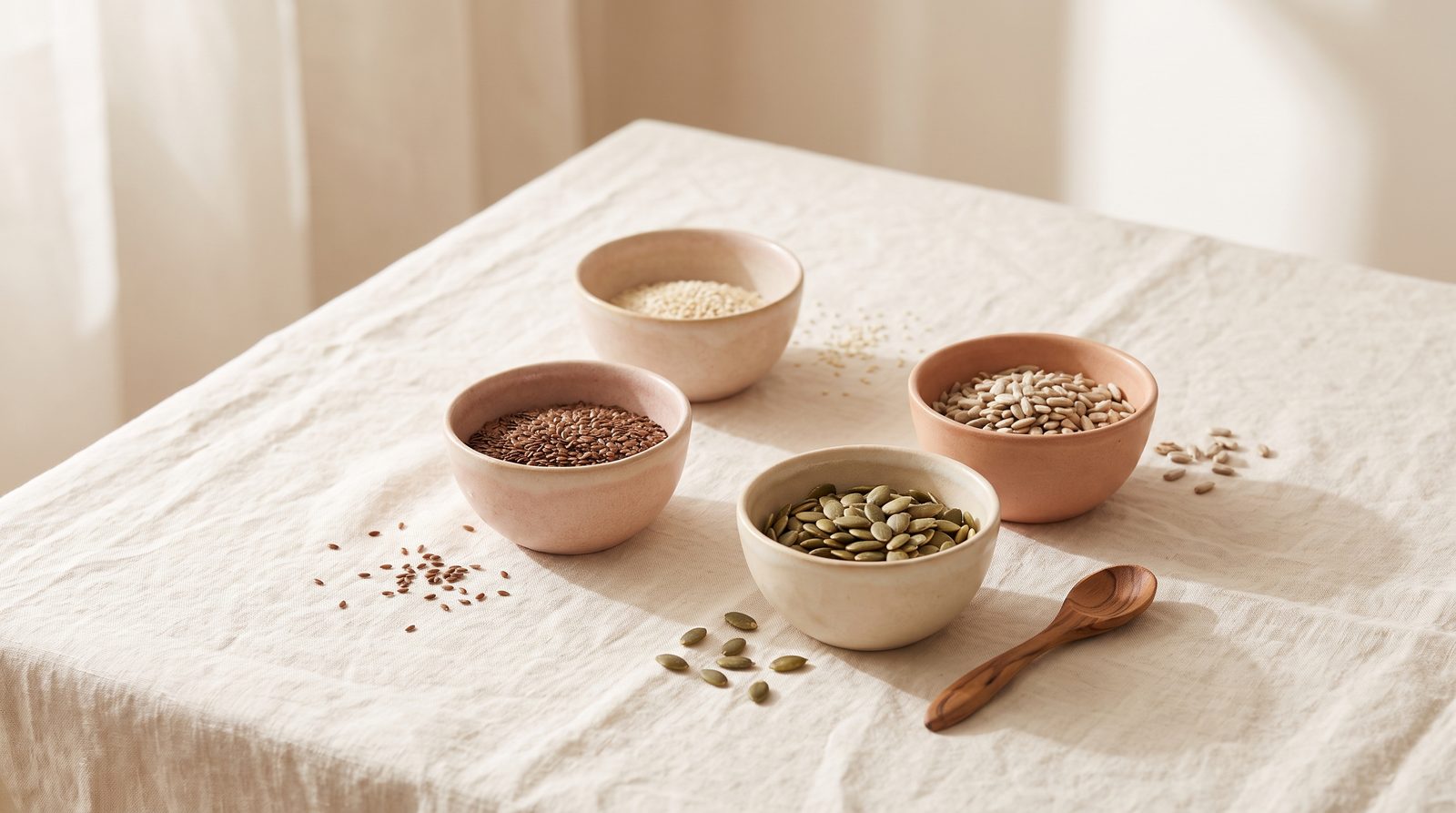 A calm overhead view of four small bowls of seeds, flax, pumpkin, sunflower, and sesame, on a soft cream linen surface in gentle daylight.