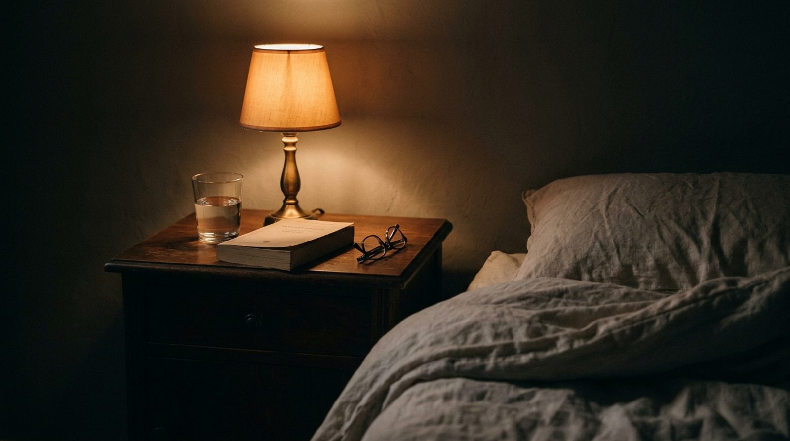 A dim bedside table at night with a small lamp, a glass of water, a closed book, and rumpled linen sheets