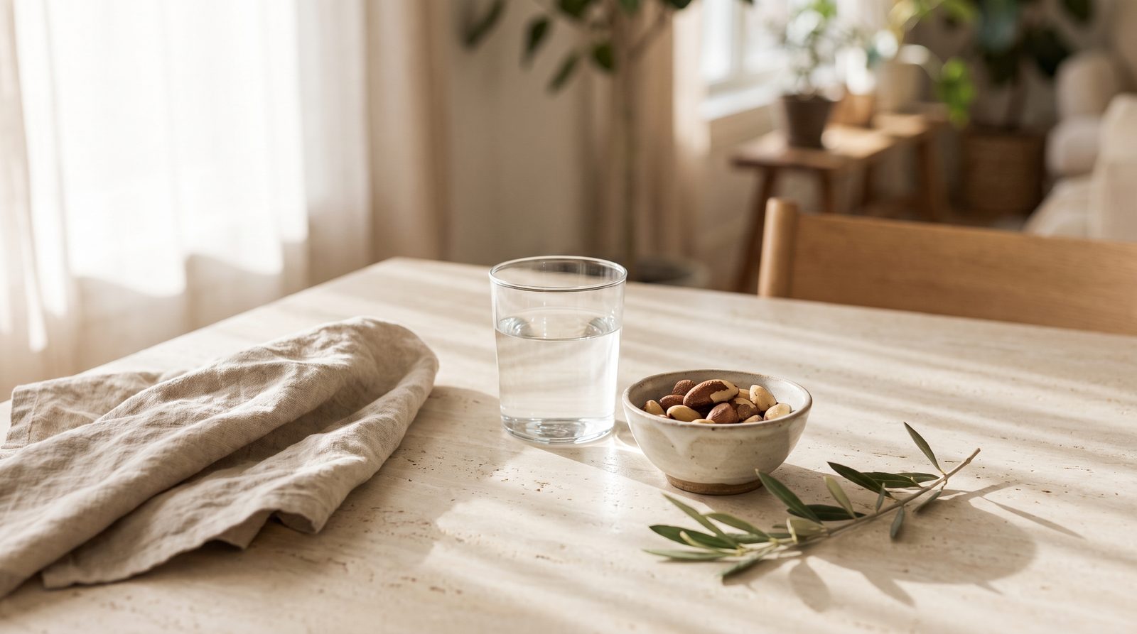 A calm morning table in soft daylight with a glass of water, a small dish of Brazil nuts, a folded linen napkin, and a sprig of greenery beside a window.