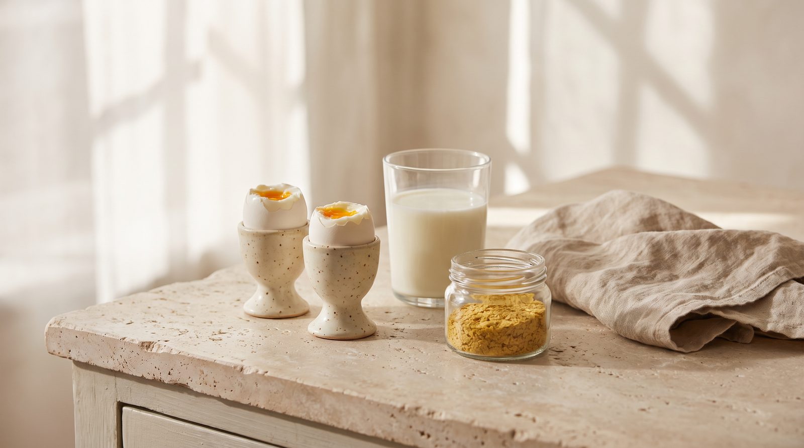 Two soft boiled eggs, a small carton of fortified milk, and a jar of nutritional yeast on a pale counter in soft morning light