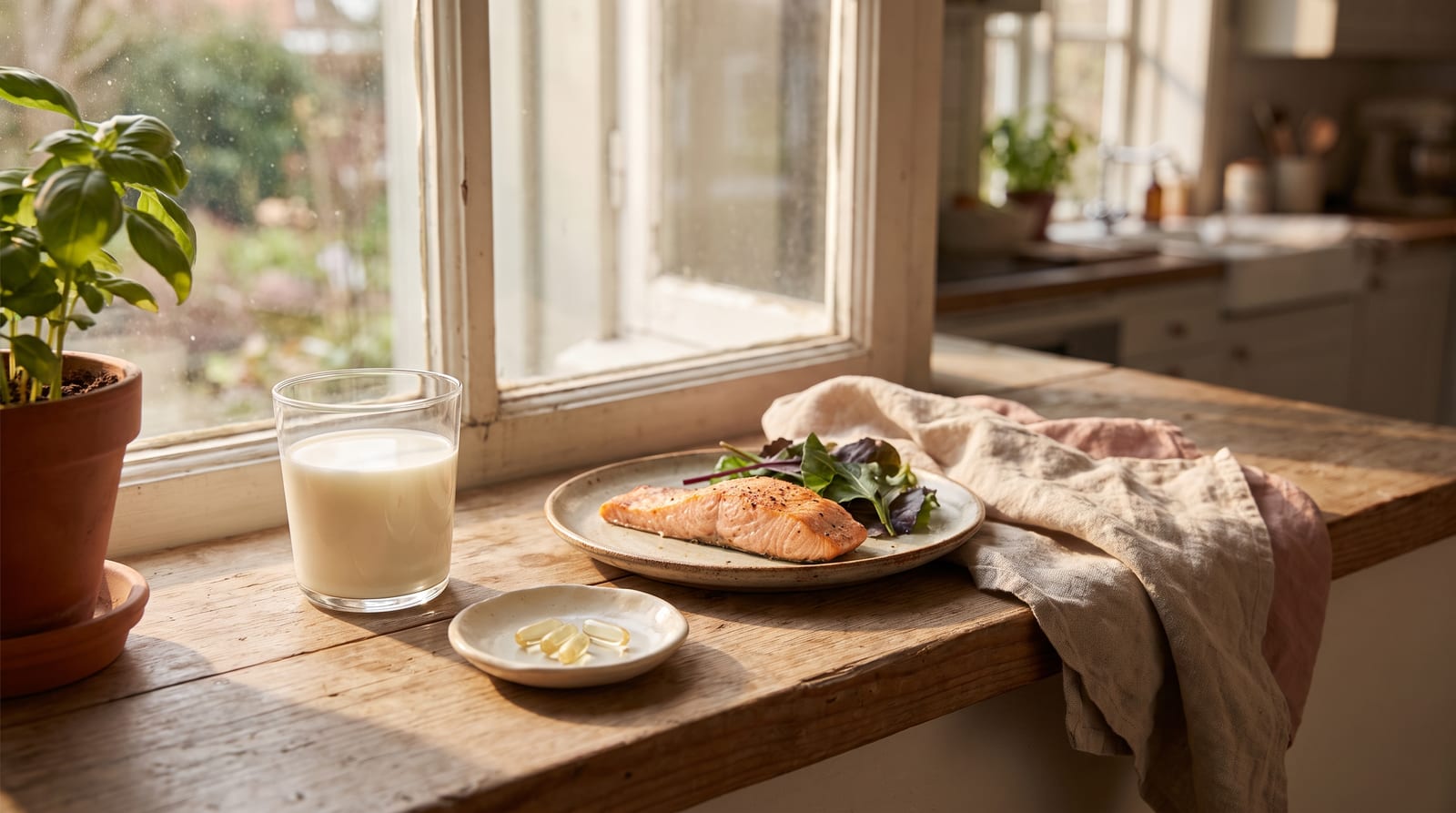 A sunlit kitchen windowsill with a glass of milk, a small bowl of white capsules, and a plate of salmon and greens