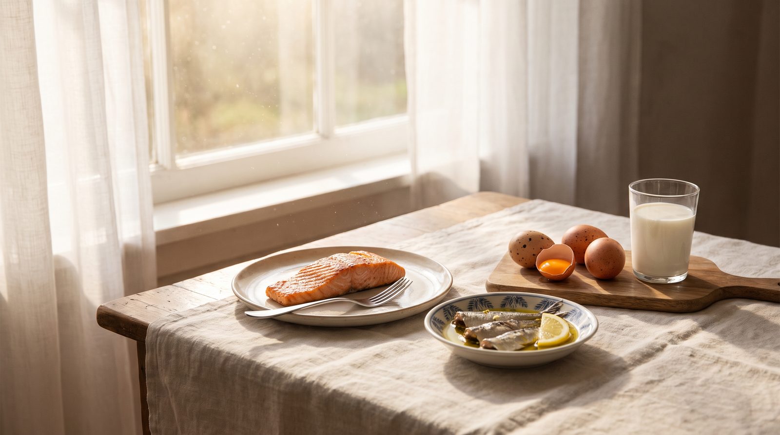 A bright, airy still life of vitamin D rich foods on a cream surface in soft daylight: grilled salmon, sardines, eggs, and a glass of fortified milk near a sunlit window.