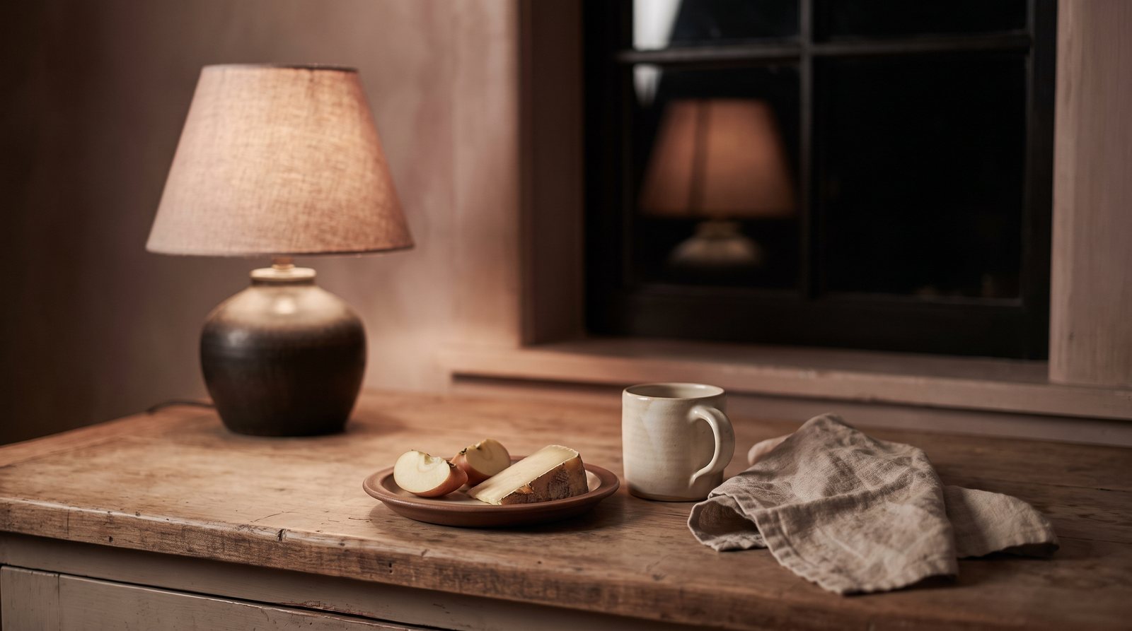 A small plate of sliced apple and cheese beside a mug on a kitchen counter under one warm lamp at night